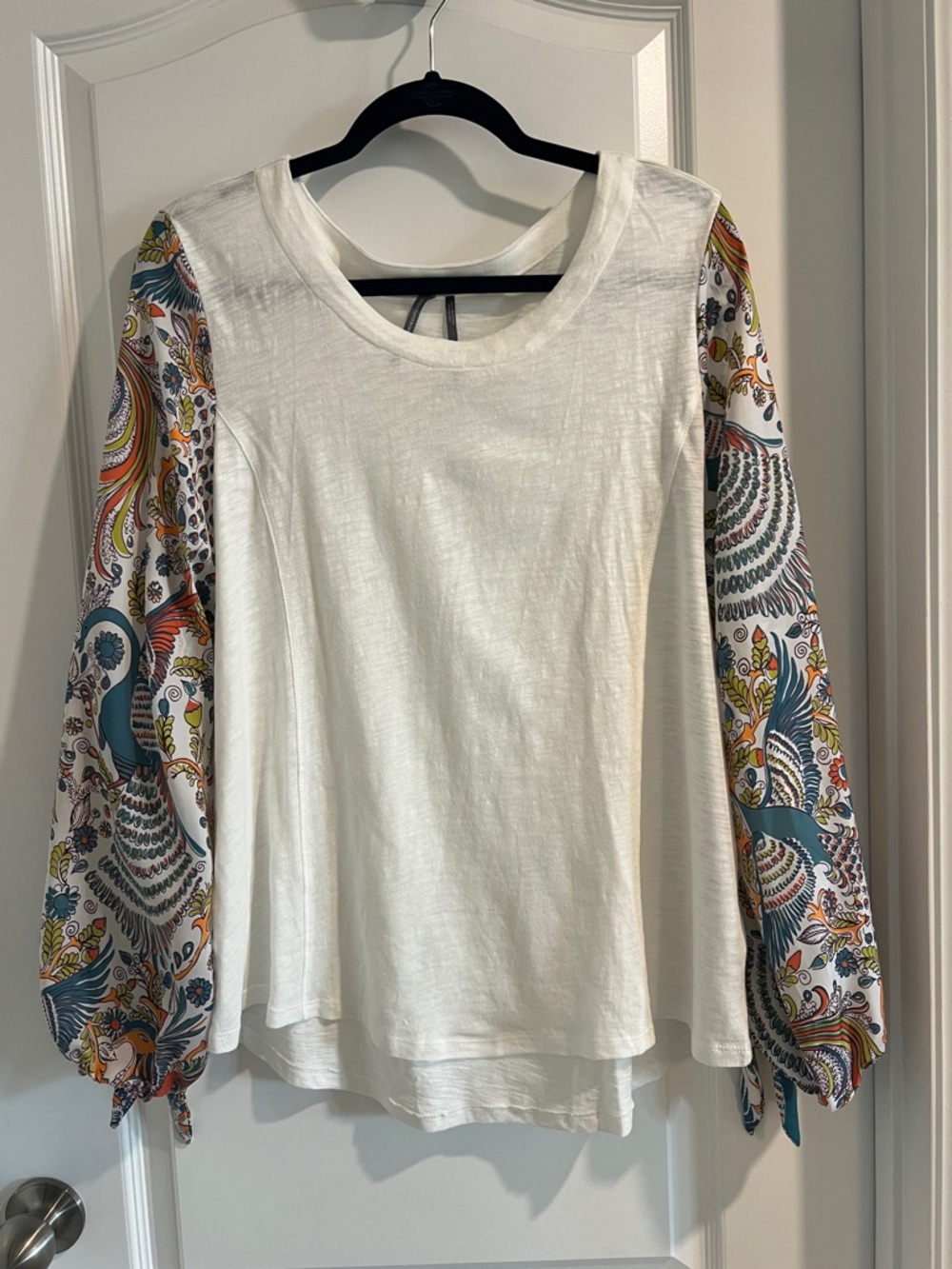 Anthropologie White Top with Multicolor Printed Balloon Sleeves